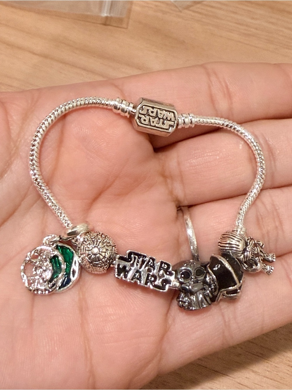 Star Wars Silver Charm Bracelet with Green Enamel Detail